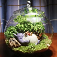 a glass bowl filled with plants and animals