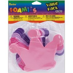 pink and purple foam crowns are packaged in plastic celloid bags for party favors or birthdays