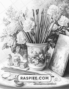 a pencil drawing of flowers and brushes in a vase on a table with other art supplies