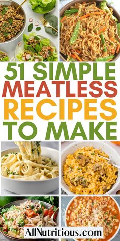 the cover of 51 simple meatless recipes to make, including pasta and other foods