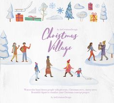 an advertisement for christmas village with people walking through the snow and holding presents in their hands