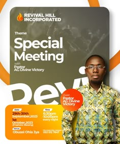 a man standing in front of a poster with the words special meeting devm on it