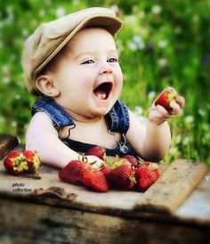 a collage of photos with a baby eating strawberries