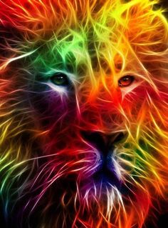 a colorful lion's face with the colors of rainbows in its mane and eyes