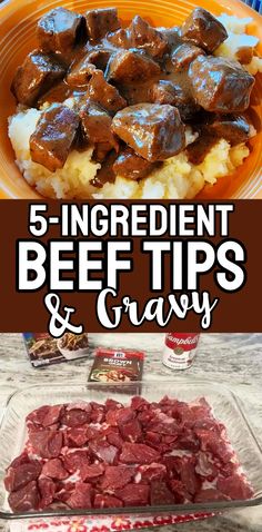 beef tips and gravy on a plate with text overlay