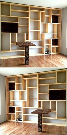 two pictures of the same bookcase in different stages of being built into each other