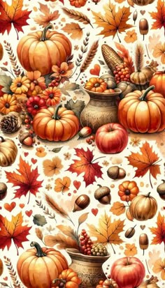 an autumn scene with pumpkins, leaves and acorns