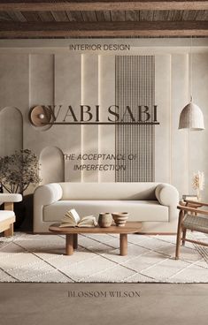 a living room filled with furniture and decor on the cover of a magazine called wabi sabi