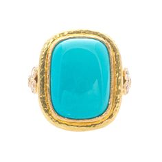 Elizabeth Locke Cushion Cabochon Turquoise & Diamond Triad Ring Luxury Yellow Gold Turquoise Ring With Gemstone Accents, Classic Turquoise Cabochon Ring, Luxury Turquoise Cabochon Ring In Yellow Gold, Collectible Turquoise Cabochon Ring, Luxury Yellow Gold Turquoise Cabochon Ring, Luxury Gold Cabochon Turquoise Ring, Luxury Vintage Cabochon Turquoise Ring, Estate Engagement Ring, Elizabeth Locke