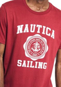 Made from a soft Sustainably Crafted cotton jersey, this nautical-inspired graphic t-shirt from Nautica is the perfect casual design for any off-duty look. | Nautica Men's Sustainably Crafted Sailing Graphic T-Shirt, X-Large Nautical Cotton T-shirt With Graphic Print, Nautical Cotton Tops With Graphic Print, Nautical Style Cotton T-shirt With Graphic Print, Casual Design, Off Duty, Shirt Style, Sailing, Nautical, Graphic T Shirt