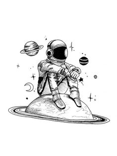 an astronaut is sitting on top of the planet with planets around him and holding his arm out