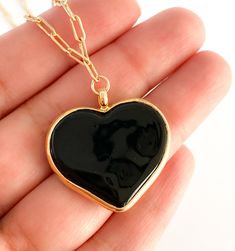 Heart necklace MATERIAL AND SIZE 18k Gold filled chain Heart size Black/Red: 2.5cm White: 2cm Length: you can choose it If you have questions about the product, feel free to reach me out. Don't forget to check out my other items in the store: Https://www.etsy.com/shop/nyahwithlove Gift Heart Pendant Necklace With Heart Detail, Valentine's Day Jewelry Gift With Heart Detail, Heart Charm Pendant Necklace For Gifts, Heart Charm Pendant Chain Necklace Gift, Heart Charm Chain Necklace For Valentine's Day, Minimalist Heart Pendant Chain Necklace For Valentine's Day, Heart Charm Chain Necklace With Round Pendant For Gift, Gift Chain Necklace With Heart Charm And Round Pendant, Heart Charm Mother's Day Chain Necklace