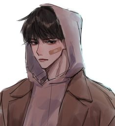 a drawing of a man in a hoodie looking at the camera with his eyes closed