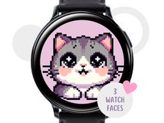 a watch with an image of a cat on it's face and the words 3 watch faces