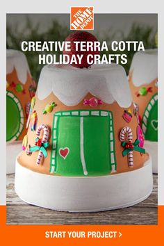 some very pretty decorated cakes on top of a wooden table with the words creative terra cota holiday crafts start your project