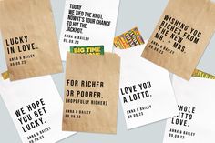 several bags with different sayings on them