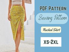 a woman wearing a yellow skirt and white top with the words sewing pattern on it