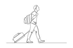 a line drawing of a man walking with his luggage and carrying a backpack on the back