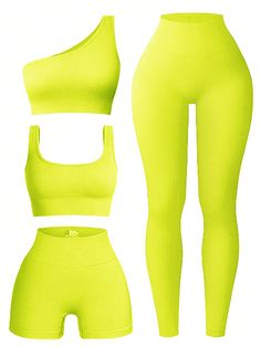 Verde  Collar   Liso Shorts Embellished Elástico Alto Green Monochrome, Sport Suit Women, Basic Yoga, Collared Greens, Plain Shorts, Legging Sport, Long Leggings, Sports Suit, Short Leggings