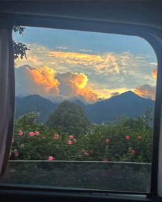 the sun is setting over mountains from inside a train window, with pink flowers in the foreground