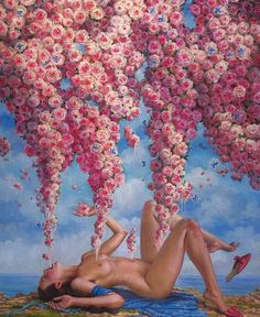 a painting of a woman laying on the ground under pink flowers