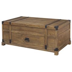 a wooden trunk with two drawers on the bottom and one drawer open to reveal a storage compartment