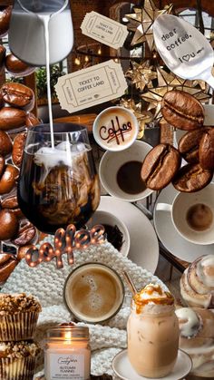 a table topped with lots of different types of food and drinks next to each other