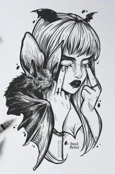 a drawing of a girl with a bat on her shoulder and a mouse in her hand