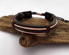 Men's Leather Bracelet Men's Copper Bracelet | Etsy Adjustable Brown Copper Braided Bracelets, Rustic Waxed Cord Bracelets As Gift, Mens Copper Bracelet, Leather Bracelet Men, Men's Leather Bracelet, 7th Anniversary Gifts, 7th Anniversary, Copper Accents, Dark Chocolate Brown