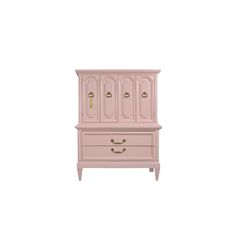 a pink dresser with two drawers and gold knobs on the doors, against a white background