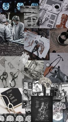 a collage of black and white images with various medical related items in the background