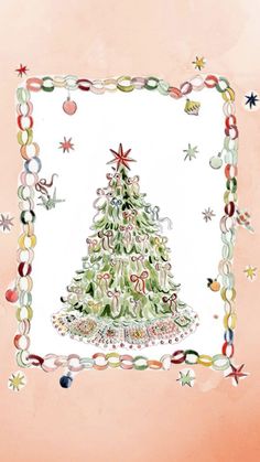 a christmas card with a tree in the center and ornaments around it on a pink background