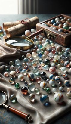 an assortment of marbles and magnifying glass items on a cloth covered table