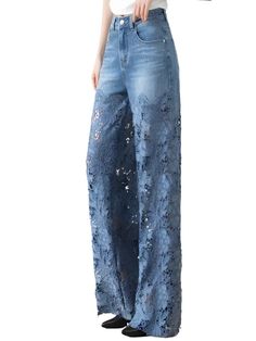 Flare lace mid blue jeans pants - Wapas Drape Pants, Jeans Overall, Chic Blouses, Lace Patchwork, Princesa Diana, Jeans For Women, Washed Denim, Denim Trousers, Lace Design