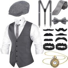 PRICES MAY VARY. What You Can Receive: the 1920 costumes for men come with 1 vest, 1 men beret hat, 1 old pocket watch, 1 bow tie, 1 tie, 1 Y shape back elastic belt suspenders and 6 false beards, the sufficient accessories can meet your needs Assorted Sizes of the Vest: the delicate vests in men outfit have 5 sizes, which provide you with most suitable size to wear; You can read the detailed sizes in the size chart and choose the right one Retro 1920s Memory: these gangster accessories will tak 1920s Mens Costume, Gangster Outfit, Gangster Costumes, 1920s Looks, 1920s Men, Gatsby Costume, Old Pocket Watches, 1920s Outfits, Vintage Pocket Watch