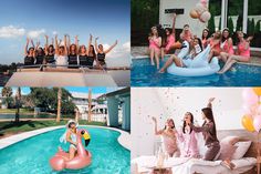 four different pictures show women in bathing suits and pool floaties, one woman sitting on an inflatable raft, the other standing near a swimming pool