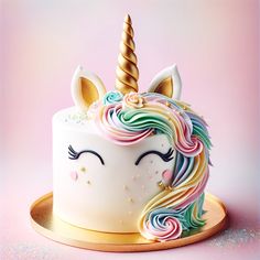 a white cake with rainbow colored icing and a unicorn's face on top