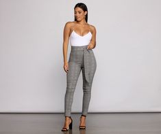 Look posh and poised in these chic plaid tie waist skinny pants! They feature a high rise waist with a tie front detail and a flattering skinny leg fit. Wear them to the office and you can easily transition them for happy hour afterward. Pair with a cute blouse and classic block heels.Fit & Features High rise waist Tie front accent Back zipper closure Skinny leg fit Plaid print Model is 5'7" with a 34" bust. 24" waist and 36" hips. She is wearing a size small. Trendy Tie Waist Workwear Bottoms, Trendy Workwear Bottoms With Tie Waist, Elegant High-waisted Plaid Pants, Chic Tie Waist Bottoms For Office, Chic Bottoms With Tie Waist For Office, Chic Plaid Bottoms For Business Casual, Chic Office Bottoms With Tie Waist, Chic High Rise Bottoms For Office, Chic High-rise Bottoms For Office