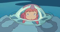 a cartoon character floating on top of an ice floet with pink hair and blue eyes