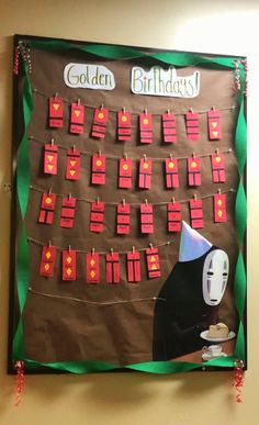 a bulletin board decorated with sticky notes and candles