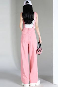 Loose Wide Leg Pink Denim Jumpsuits – Tomscloth Spring Denim Overalls In Solid Color, Spring Denim Overalls, Casual Solid Denim Jumpsuit For Spring, Spring Solid Color Overalls, Spring Cotton Denim Jumpsuit, High Waist Overalls For Spring, Pink Full-length Jeans For Summer, Trendy Wide Leg Cotton Overalls, Pink Full Length Jeans For Summer