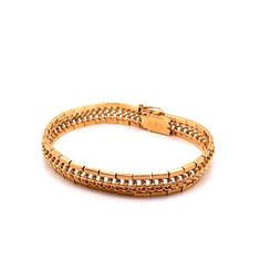 Vintage 18k rose gold woven link bracelet. The bracelet measures 7.5" long and 9.6mm wide, and has a plunger clasp with a safety latch. The bracelet weighs 23.51 grams of gold. Flower Wedding Band, Engraved Flower, Plain Bands, Real Vintage, Boston Ma, Chain Link Bracelet, 18k Rose Gold, Link Bracelets, Chain Link