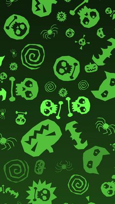 green and black wallpaper with various symbols