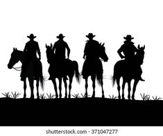 the silhouettes of four cowboys on horseback with their backs turned to look like they are riding