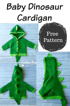 baby dinosaur cardigan crochet pattern is shown in three different sizes and colors