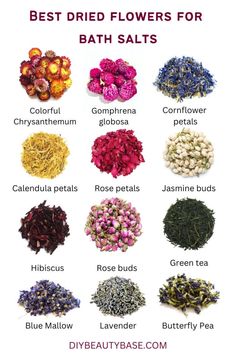 the best dried flowers for bath salts are on display in different colors and sizes, including pink