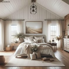 a bedroom with white bedding and wooden floors is shown in this image, there are two windows above the bed