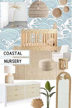 a collage of coastal nursery furniture and decor