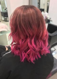 Short Hair With Pink Ends, Bright Pink Balayage, Hot Pink Balayage, Black Hair Pink Highlights, Balayage Curls, Dyed Ends Of Hair, Short Light Brown Hair, Pink Hair Streaks, Red Bob Hair