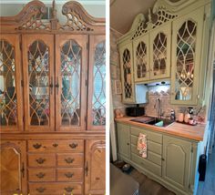 an old china cabinet with glass doors and wood trimmings, before and after remodeling